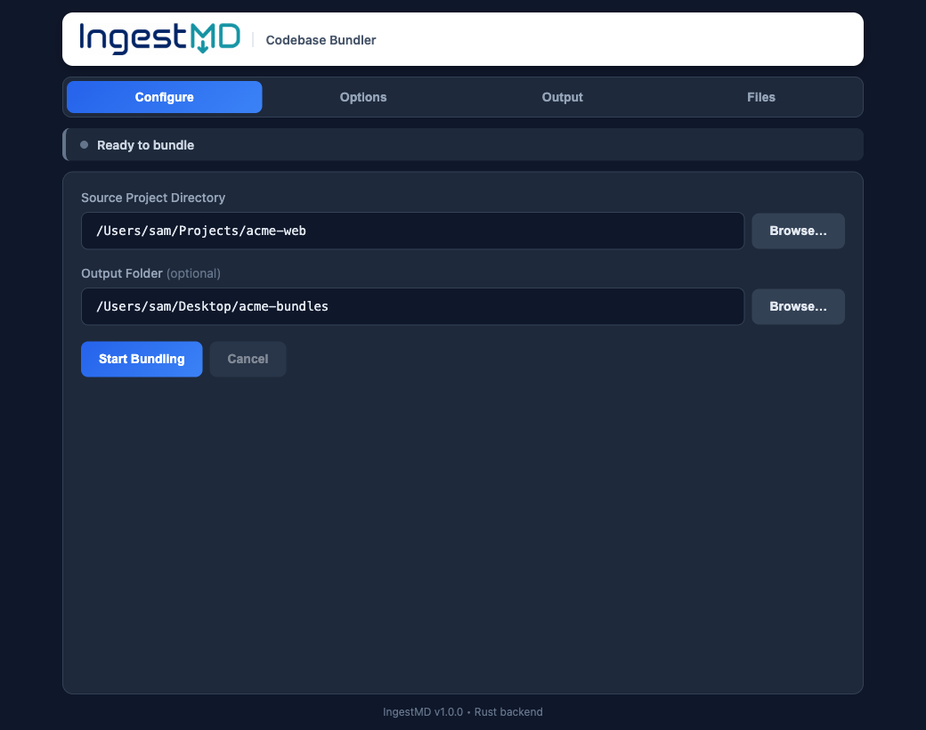 IngestMD app — Configure tab