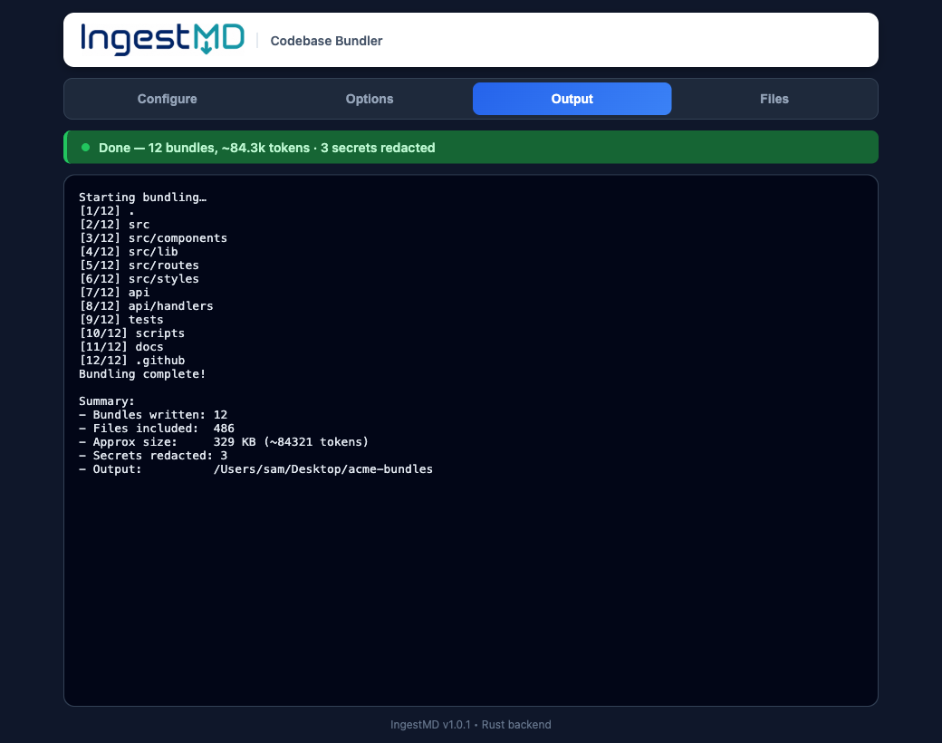 Live progress with a per-run summary and token estimate.